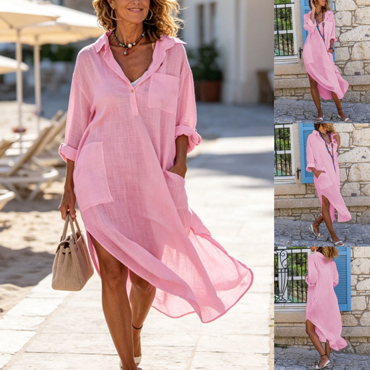 💕Letní speciální nabídka【S–2XL】Jednobarevné dámské lněno-bavlněné šaty – prodyšné, pohodlné a s elegantním přiléhavým střihem.