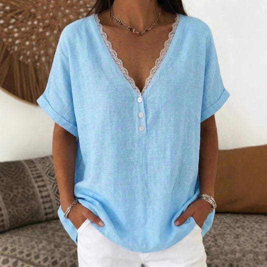👚⏳ Wyprzedaż 50% ✨【S-3XL】Nowa letnia bluzka z krótkim rękawem i dekoltem V z bawełny i lnu, komfortowa i przewiewna, modna oraz łatwa do dopasowania.