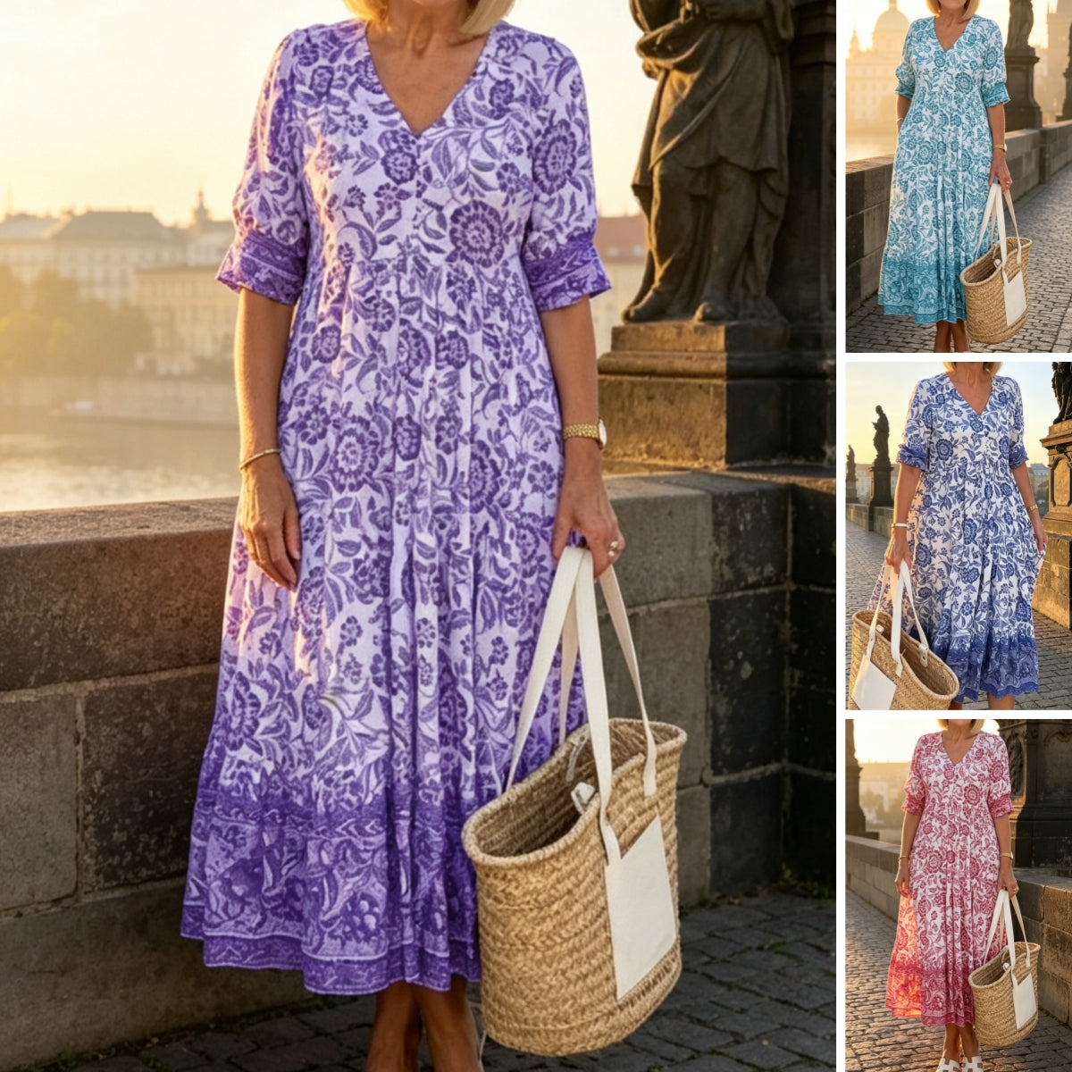 ✨ Poslední den – sleva 50 %! ✨【S-5XL】Letní šaty s výstřihem do V a potiskem, pohodlné a prodyšné, s lichotivým střihem.