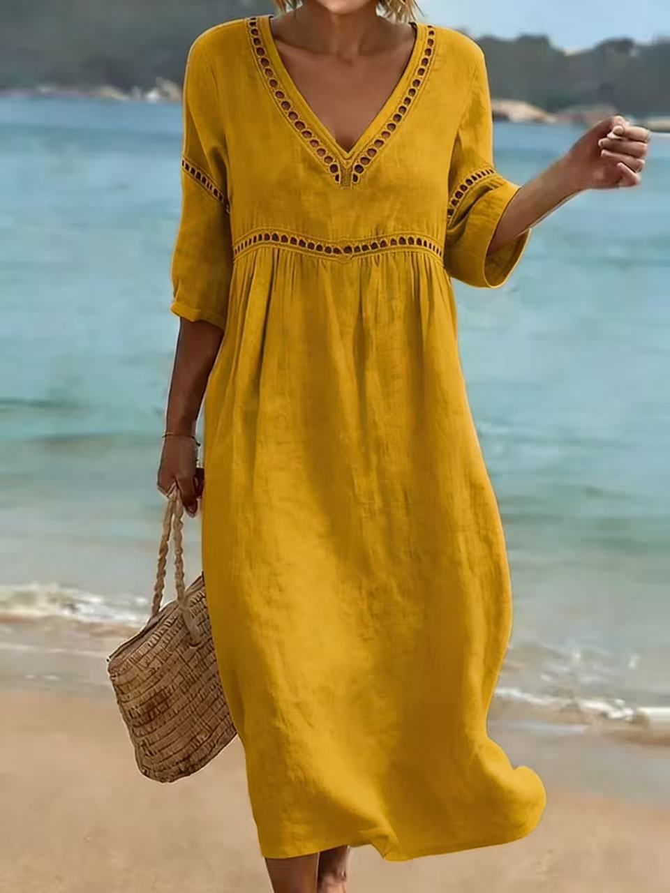 👗【S-3XL】Letnia modna sukienka z bawełny i lnu z dekoltem w serek, przewiewna, wygodna i wyszczuplająca.