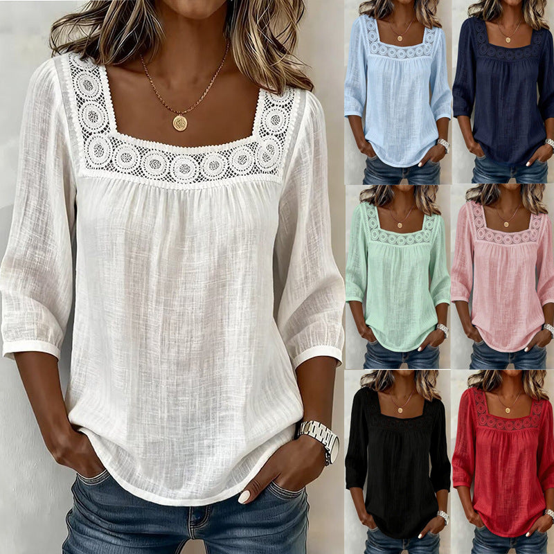 👚【S-3XL】 Damska modna lniano-bawełniana bluzka z kwadratowym dekoltem, przewiewna, wygodna i dopasowana do różnych stylizacji