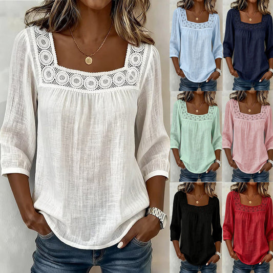 👚【S-3XL】 Damska modna lniano-bawełniana bluzka z kwadratowym dekoltem, przewiewna, wygodna i dopasowana do różnych stylizacji