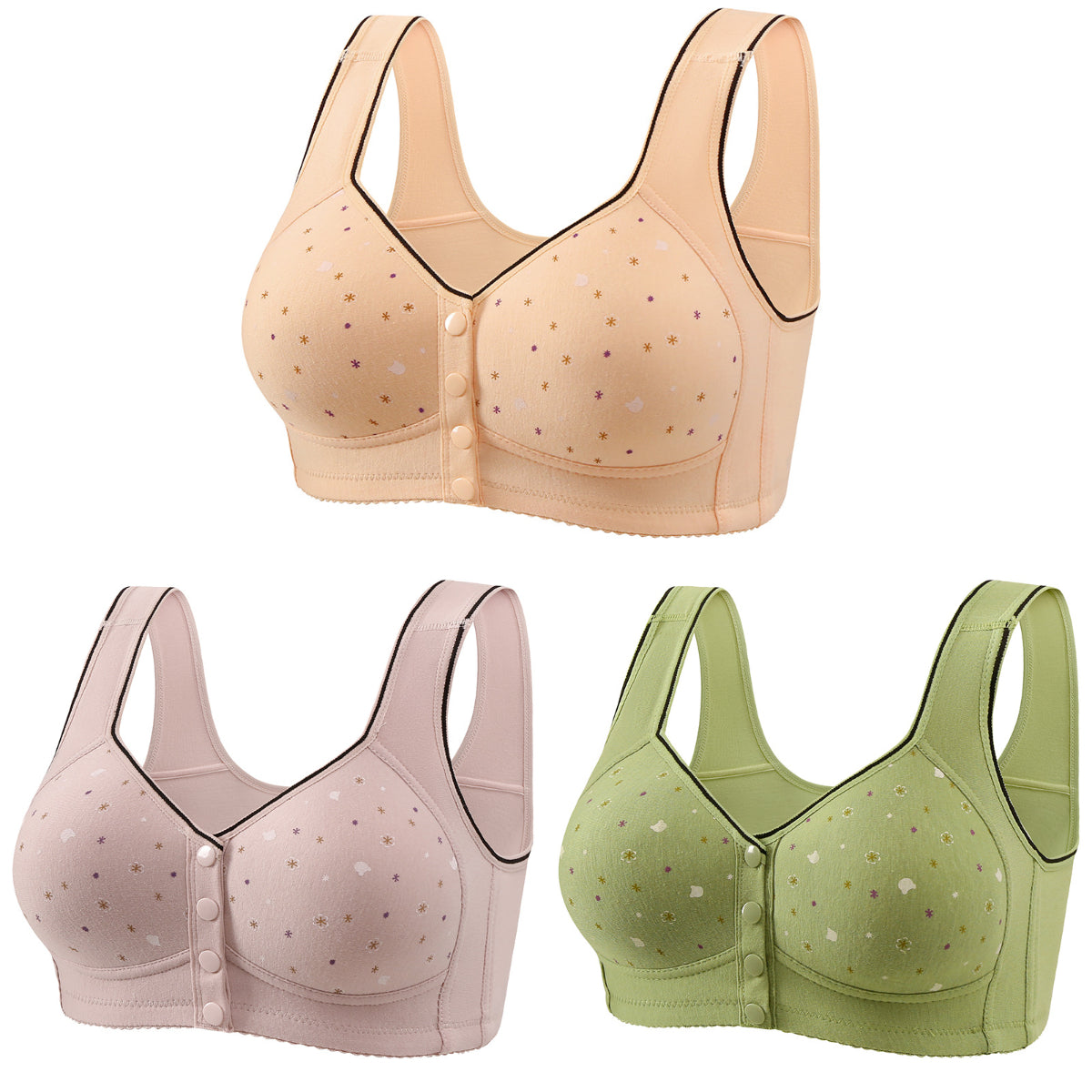 💕【Pakiranje od 3】Ženski grudnjak bez žice s prednjim gumbima 【40-110 kg】❤️Pamuk, prirodni antibakterijski, udoban, udoban
