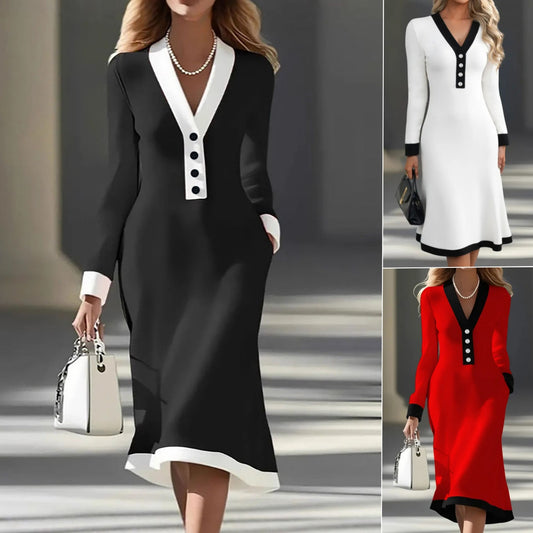 ⏳Ostatni dzień: 50% zniżki 👗 Jesienno-zimowa damska sukienka z kontrastowym V-dekoltem