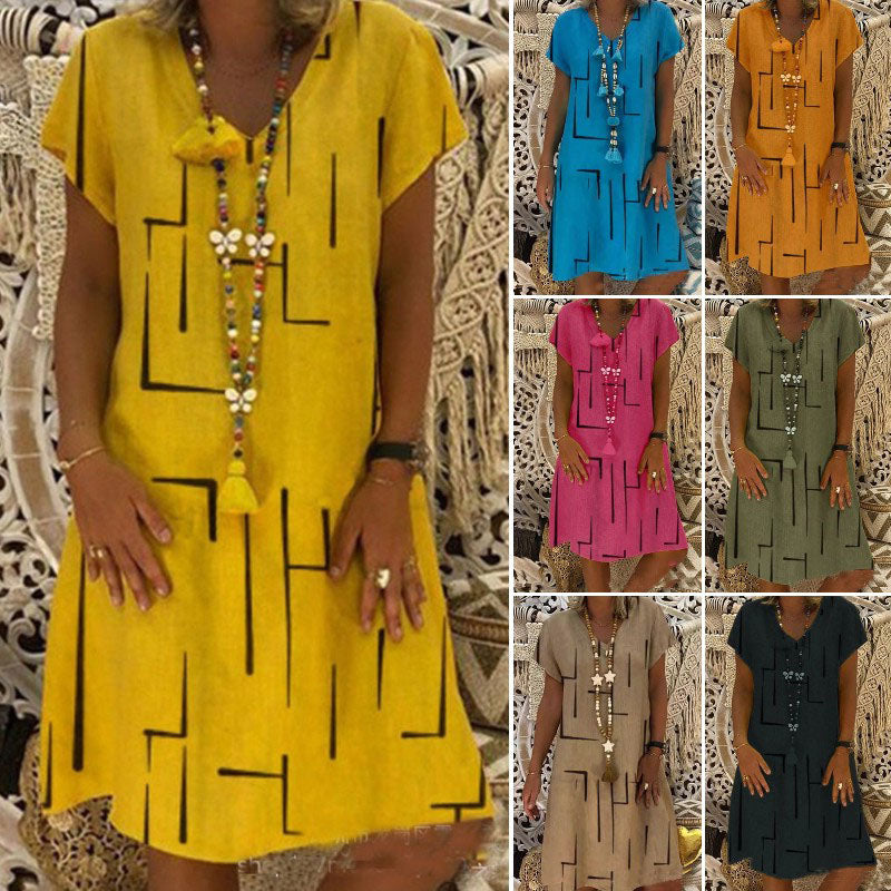 👗【S-5XL】Potištěné bavlněné šaty s výstřihem do V