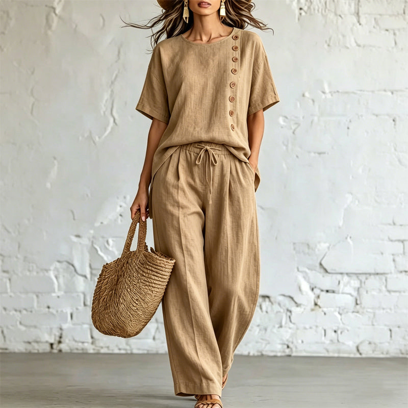 ✨【S-3XL】Letní dámský módní set z bavlny a lnu, prodyšný a zeštíhlující【krátký top s kulatým výstřihem + široké kalhoty】