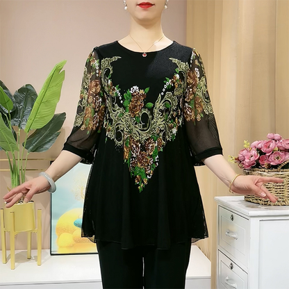 💕Letní speciální nabídka【L–5XL】Dámské elegantní tričko s vintage potiskem pro zralé ženy.