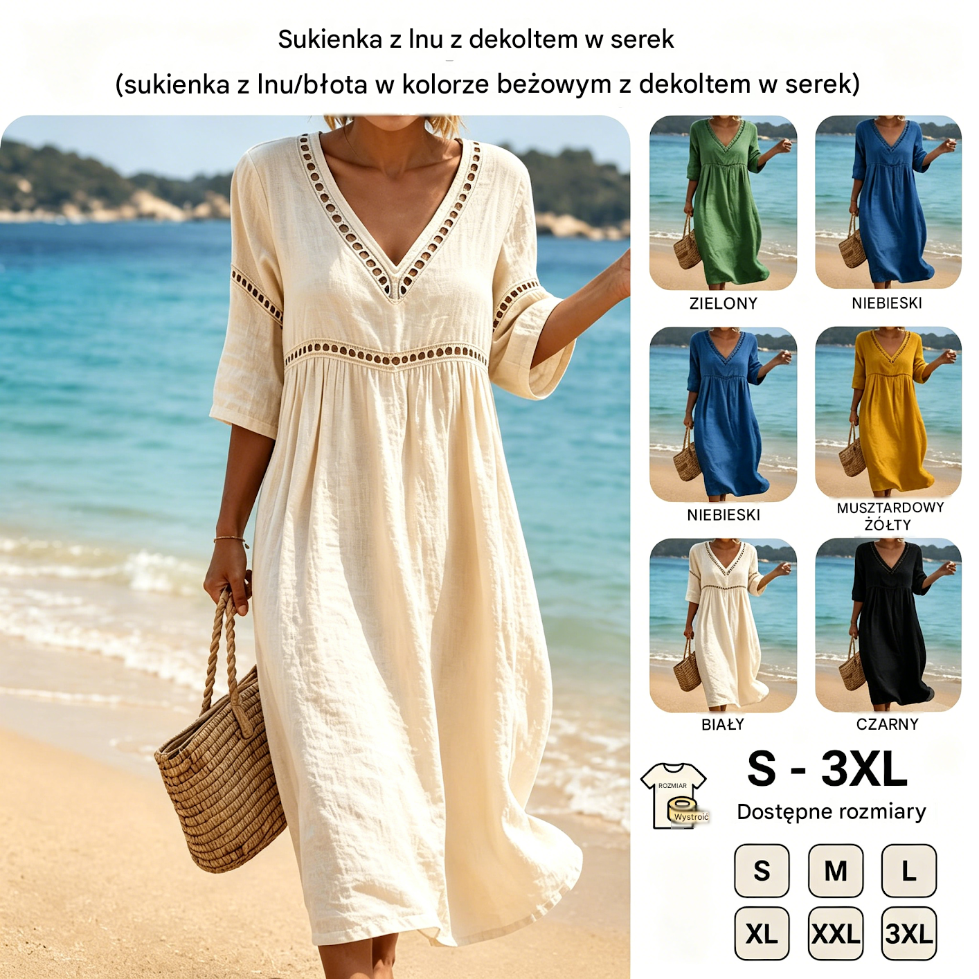 👗【S-3XL】Letnia modna sukienka z bawełny i lnu z dekoltem w serek, przewiewna, wygodna i wyszczuplająca.
