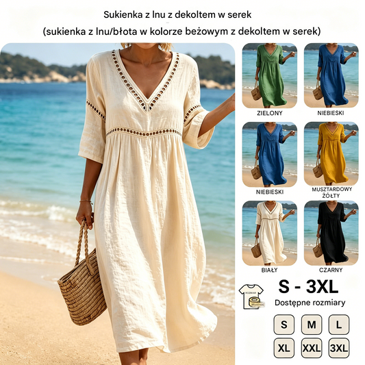 👗【S-3XL】Letnia modna sukienka z bawełny i lnu z dekoltem w serek, przewiewna, wygodna i wyszczuplająca.