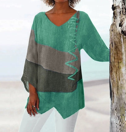 ⏳✨ Utolsó nap – 50% kedvezmény ✨【S~5XL】😍 Női elegáns hétköznapi felső: V-nyakú, hosszú ujjú, művészi mintás nyomat