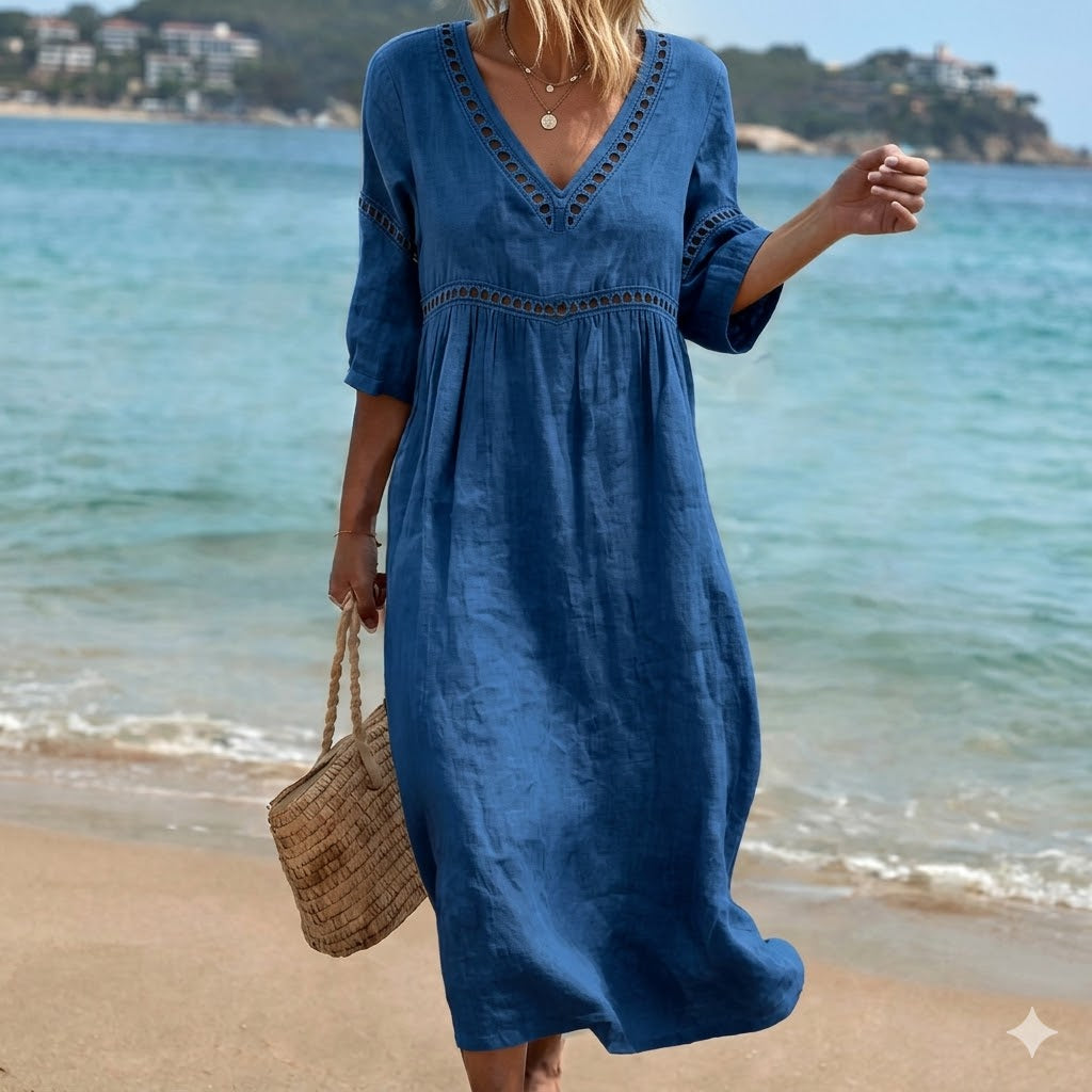 👗【S-3XL】Divatos nyári pamut-len ruha V-nyakkal, légáteresztő, kényelmes és karcsúsító fazonnal.