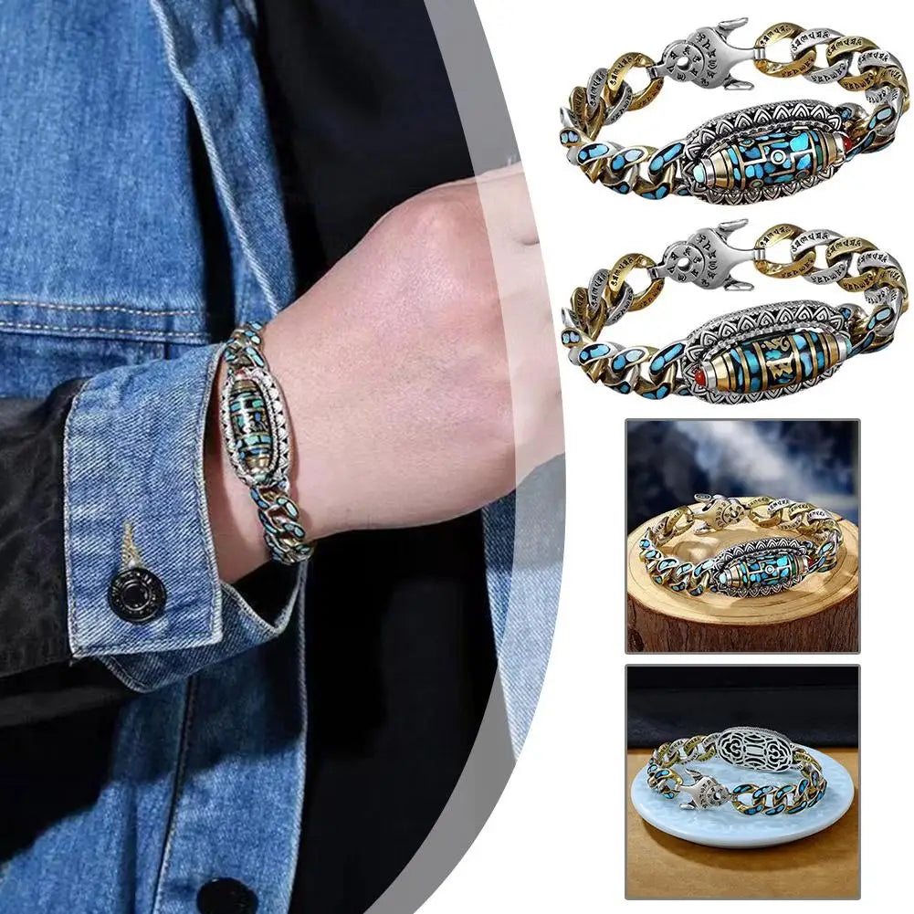 🔥 Najprodavanije✨ Narukvica od 925 sterling srebra s vintage tirkizom i šest znakova mantre-H